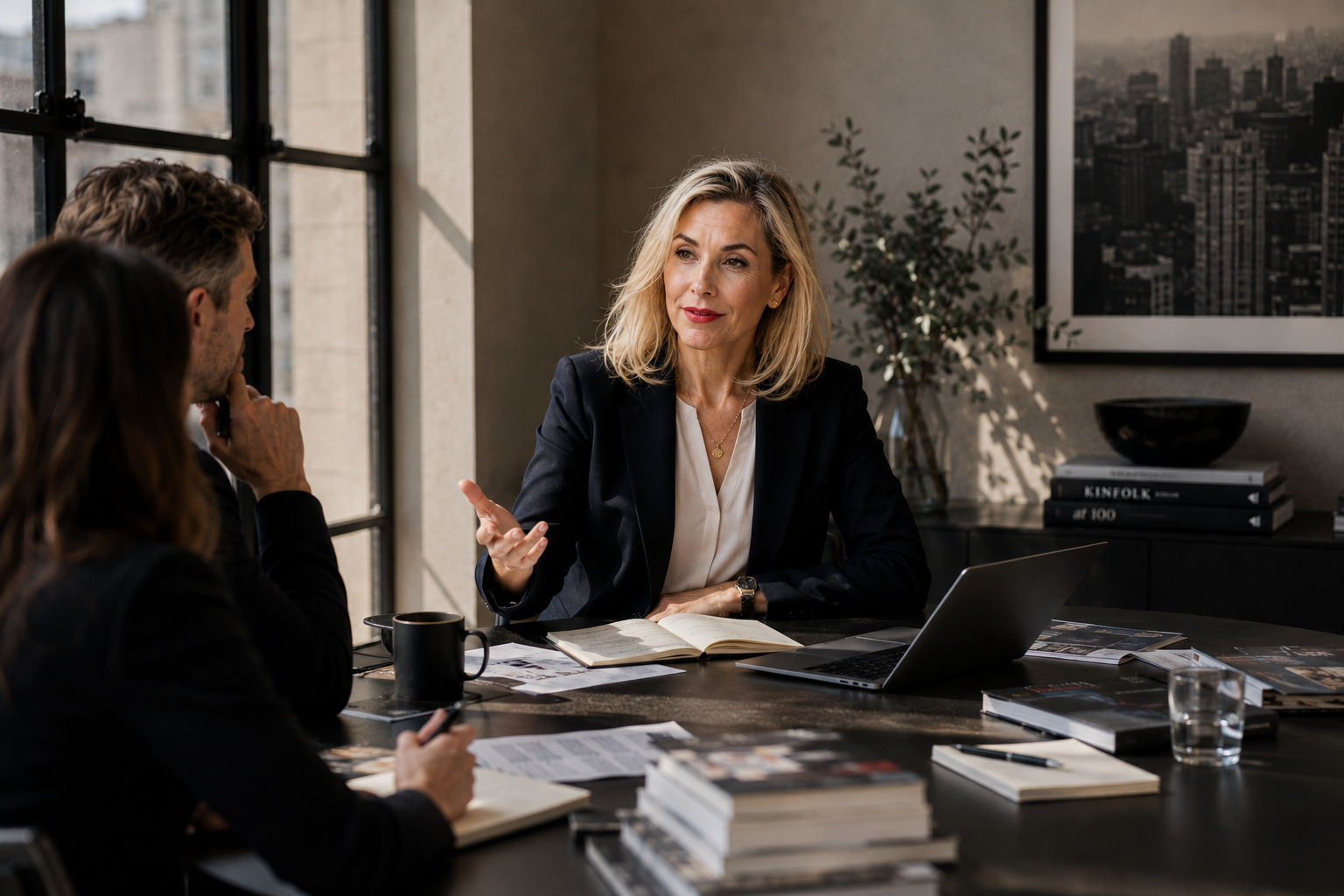 Jennifer Neeley in a strategic advisory conversation with organizational leaders at a conference table
