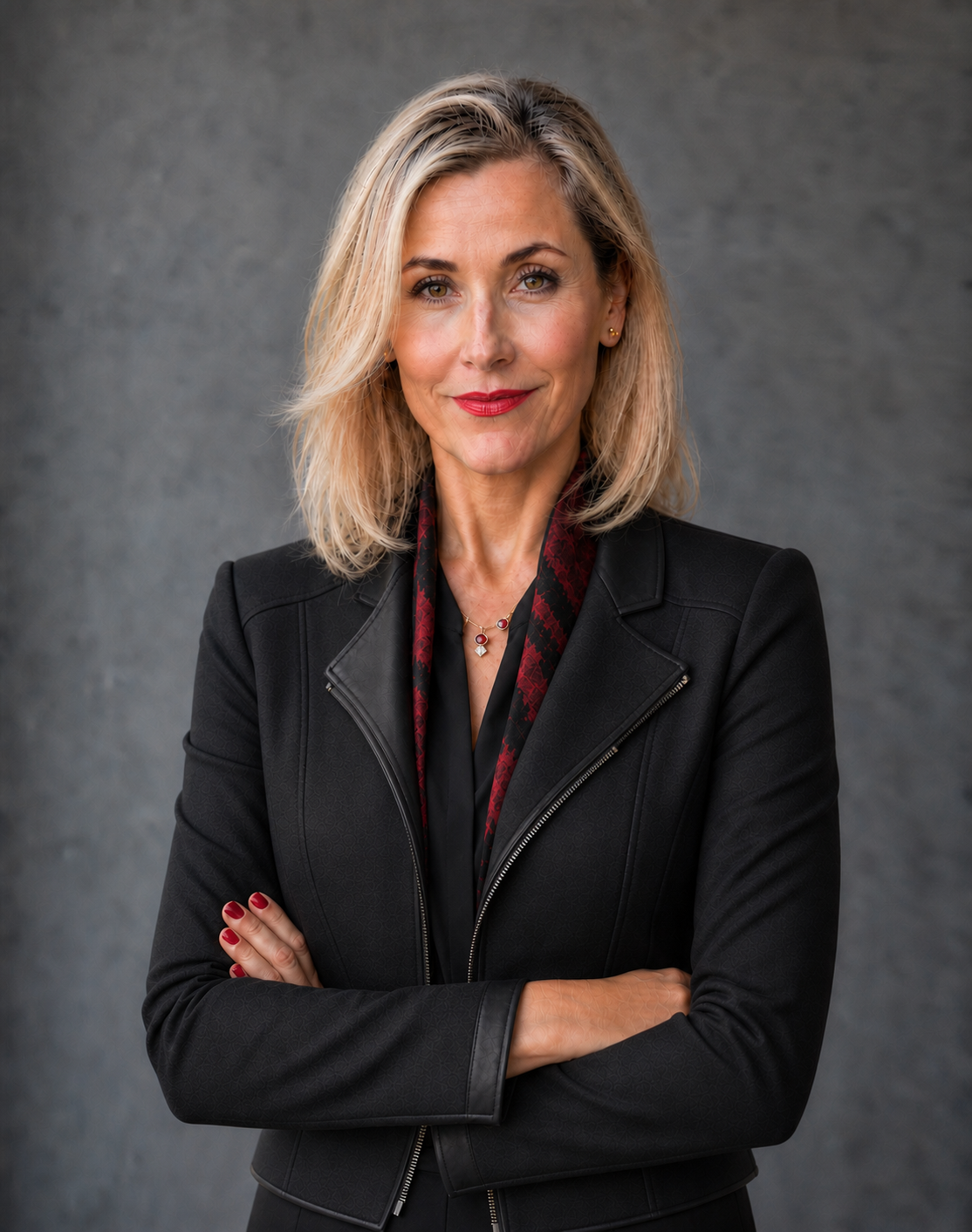 Jennifer Neeley in a black tailored jacket with red detail against a neutral grey studio background